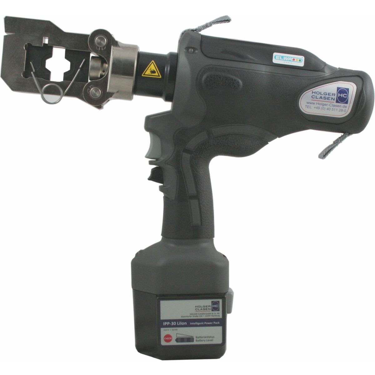 Side view of the Holger Clasen PressMax 6 Set battery-operated hydraulic crimping tool with 14.4V battery IPP-40.