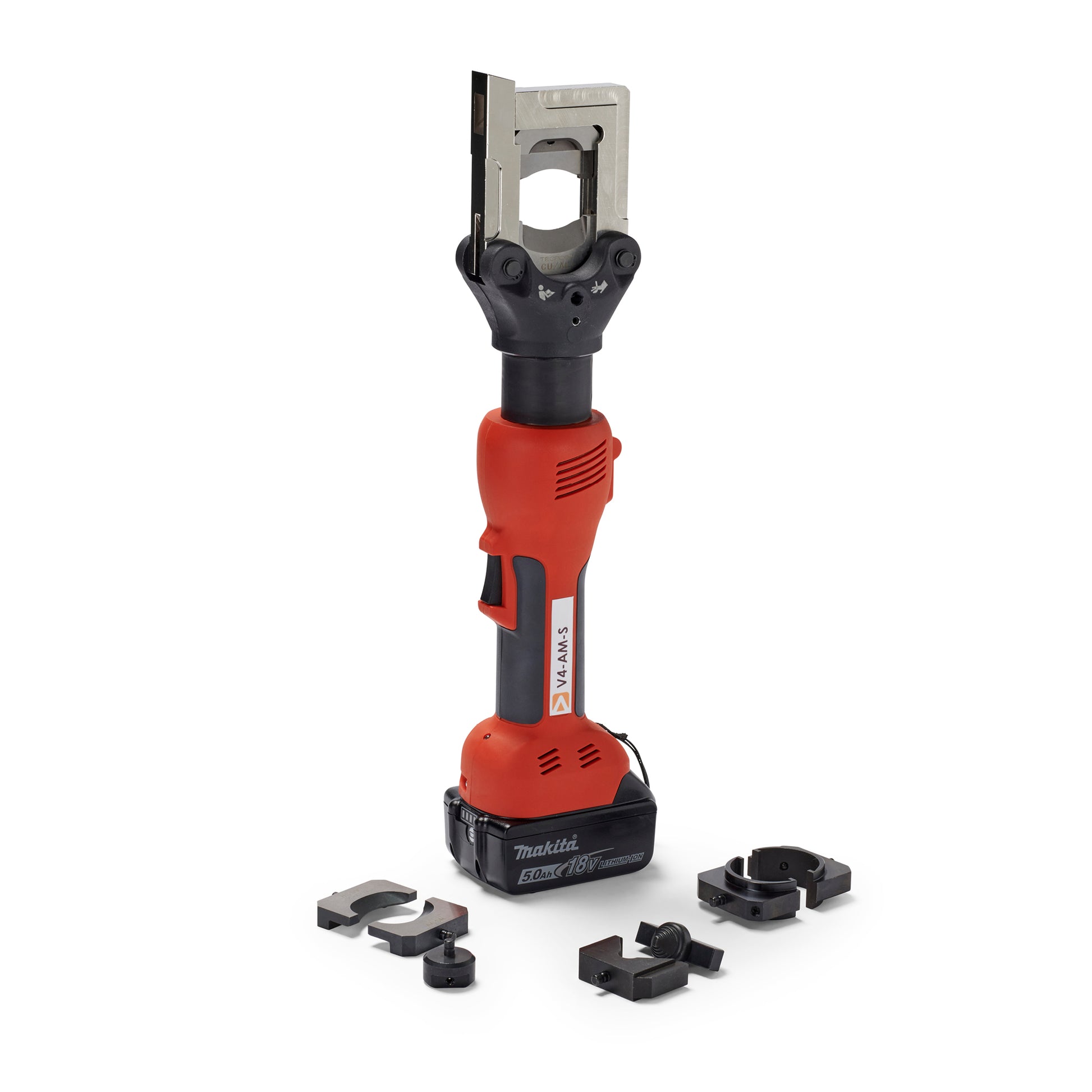 Side view of the Vitolon V4-AM-S battery-powered hydraulic multi-tool with 18V Makita battery.