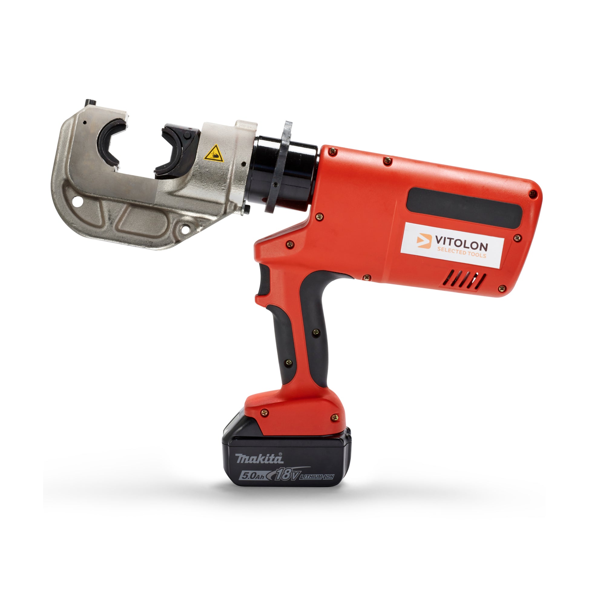 Front view of the Vitolon VV400-40O-AP-P battery-powered hydraulic crimper with 18V Makita battery.