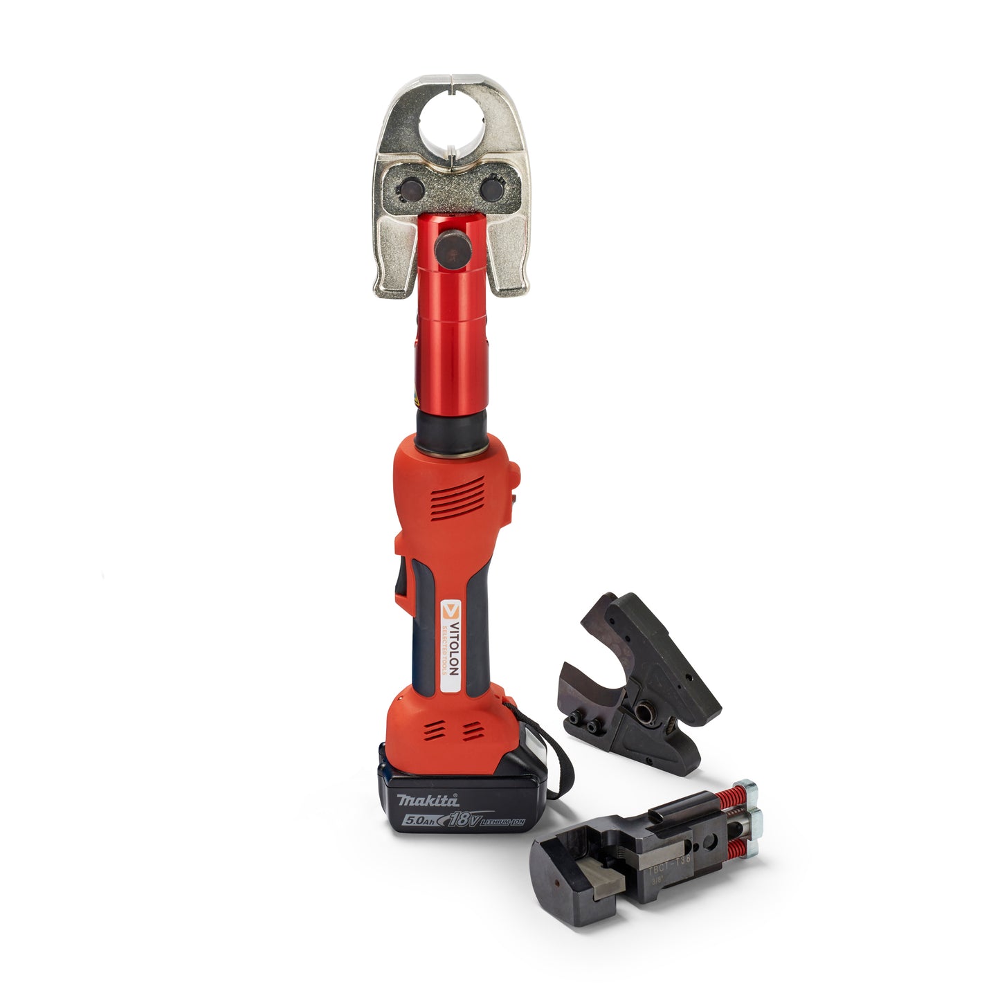 Front view of the Vitolon V5-AM-S battery-powered hydraulic multi-tool with 18V Makita battery.