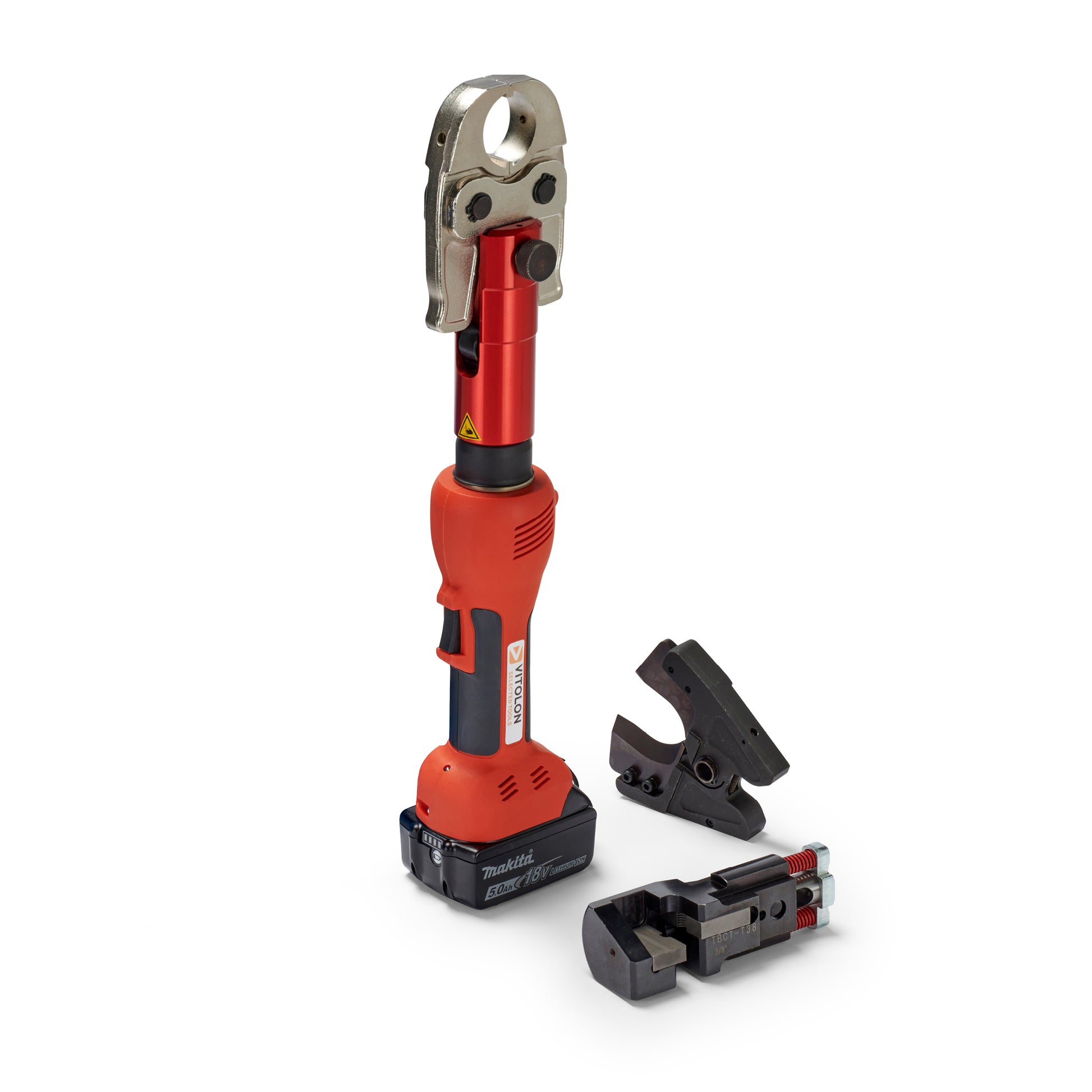 Side view of the Vitolon V5-AM-S battery-powered hydraulic multi-tool with 18V Makita battery.