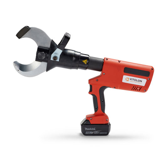 Front view of the Vitolon V85O-AS-P battery-powered hydraulic cutter with 18V Makita battery.