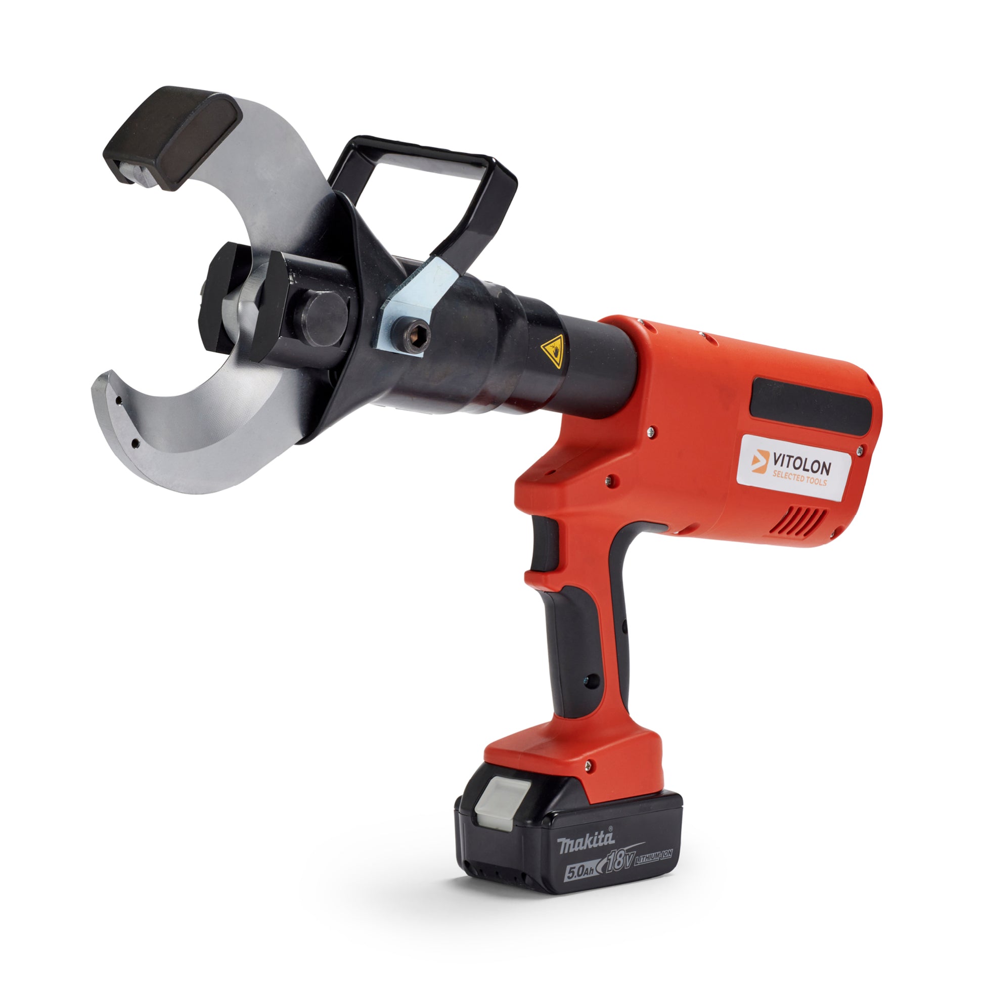 Side view of the Vitolon V85O-AS-P battery-powered hydraulic cutter with 18V Makita battery.