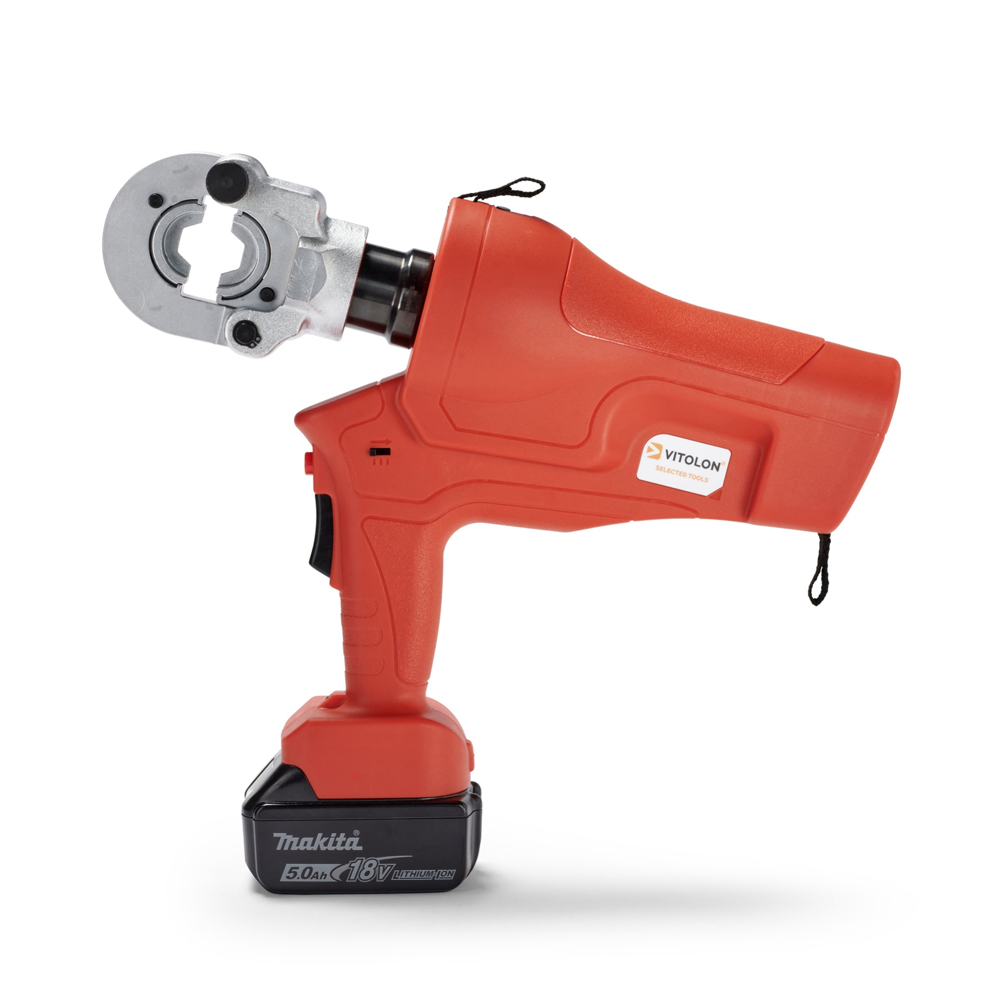 Front view of the Vitolon VB300G-AP-P battery-powered hydraulic crimper with 18V Makita battery.