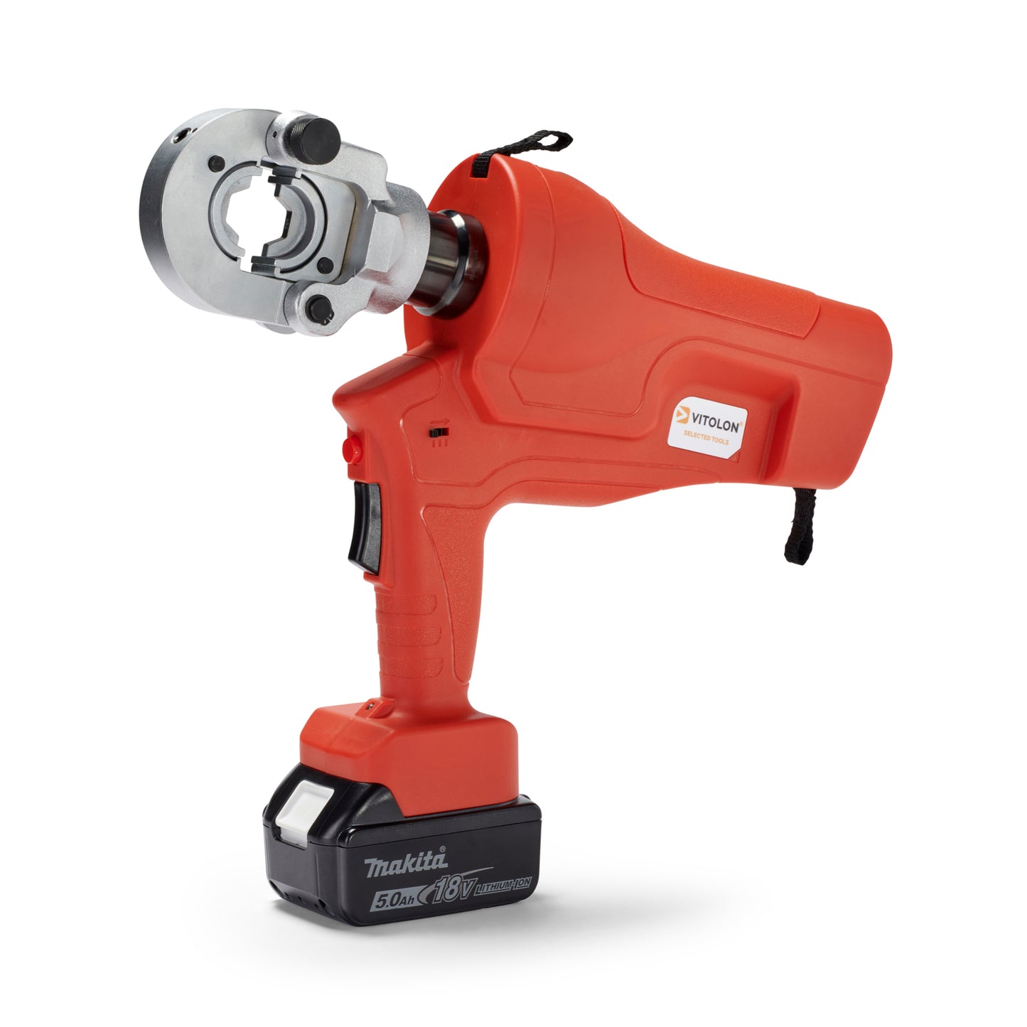 Side view of the Vitolon VB300G-AP-P battery-powered hydraulic crimper with 18V Makita battery.