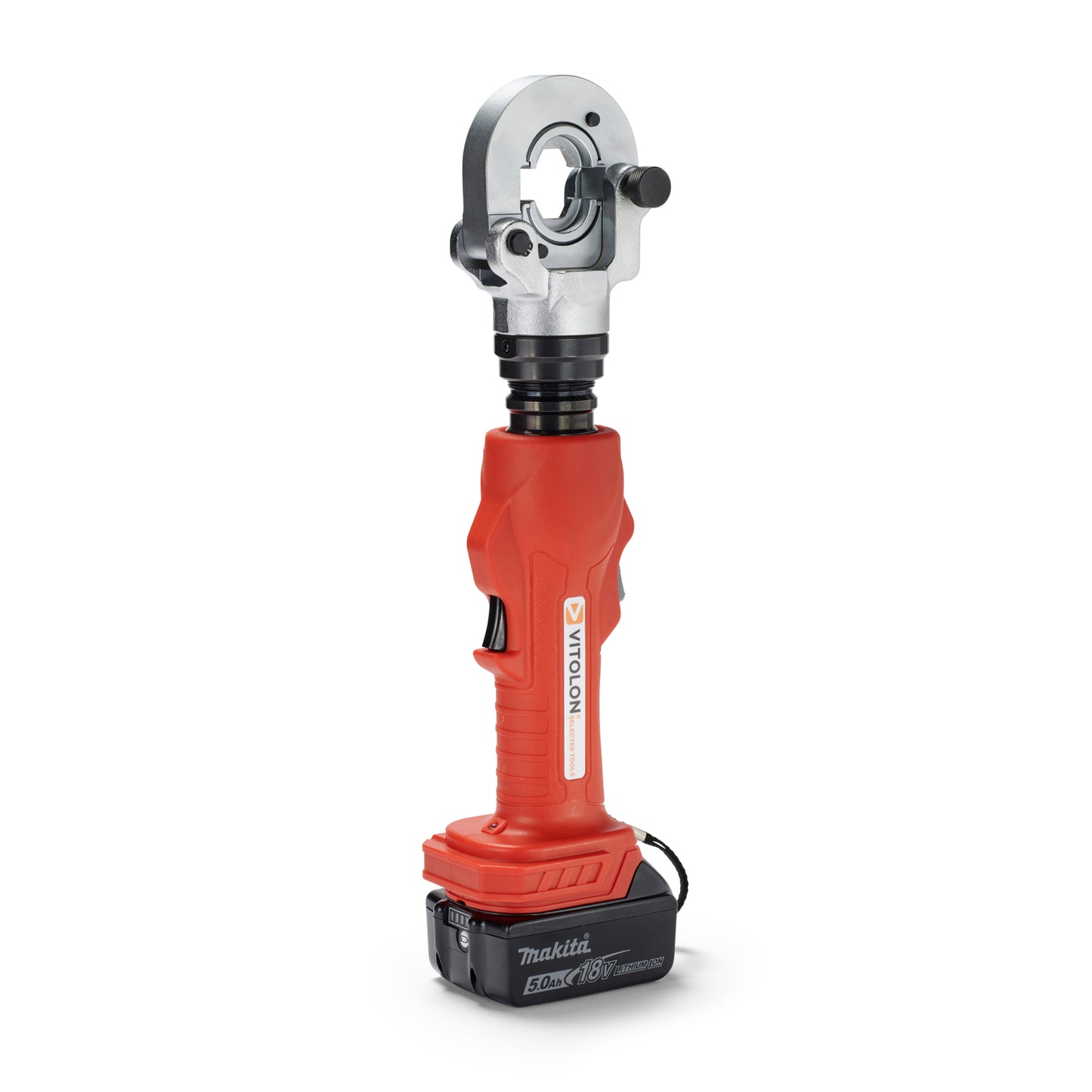 Side view of the Vitolon VB300G-AP-S battery-powered hydraulic crimper with 18V Makita battery.