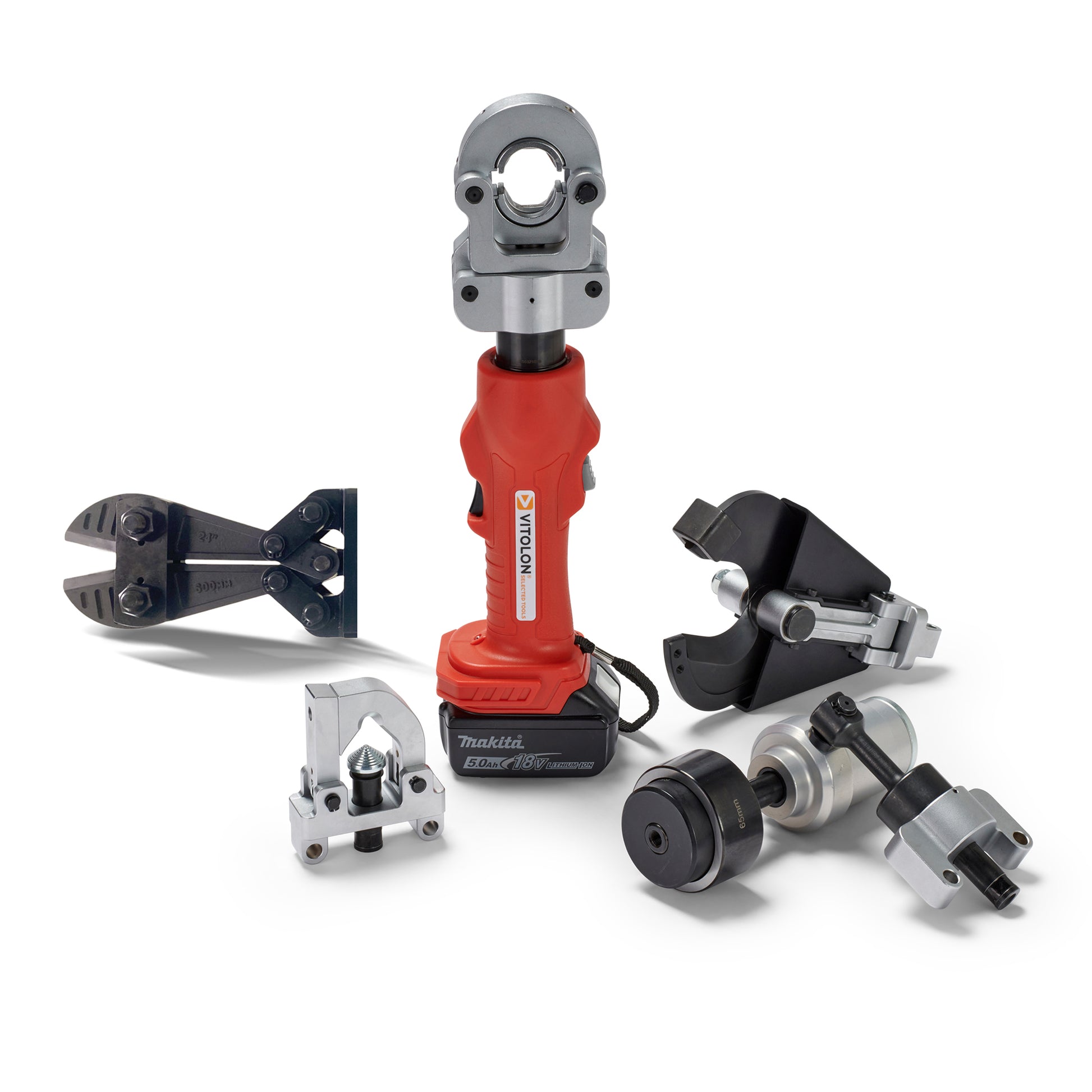 Vitolon VB4-AM-S battery-powered hydraulic multi-tool with 18V Makita battery and crimping head attached.