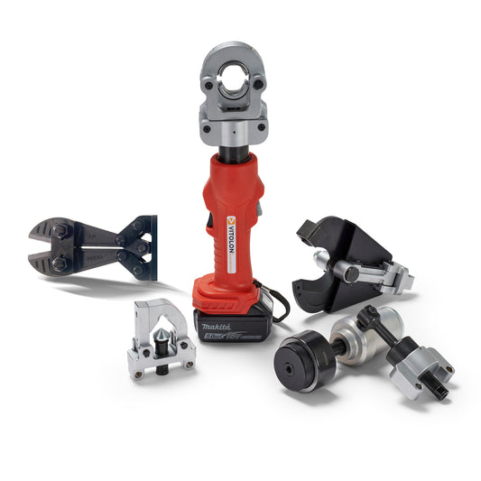 Vitolon VB4-AM-S battery-powered hydraulic multi-tool with 18V Makita battery and crimping head attached.