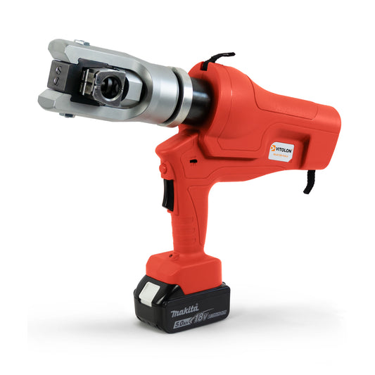 Side view of the Vitolon VB400-AP-P-DID battery-powered hydraulic crimper with 18V Makita battery.