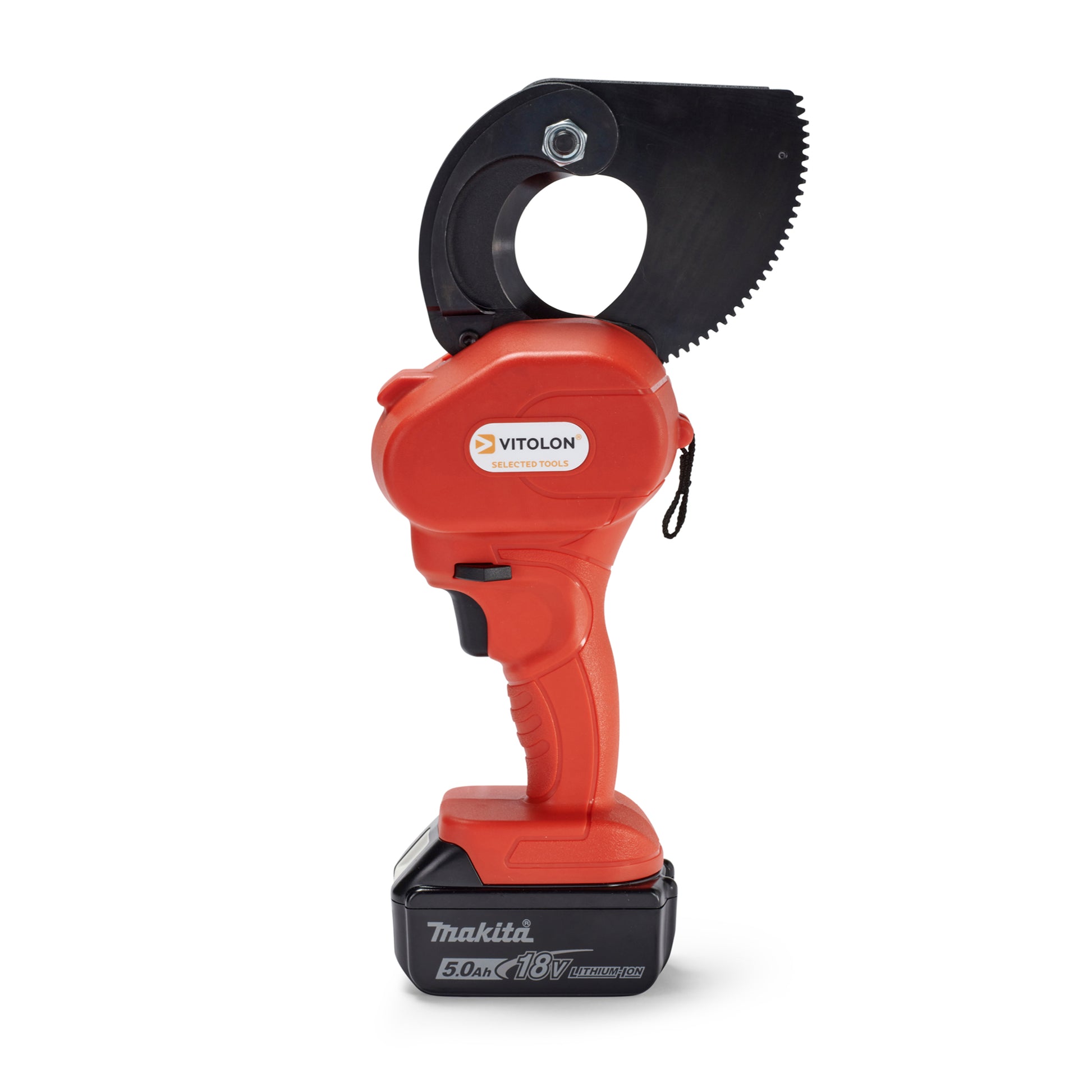 Front view of the Vitolon VB54G-AS-G battery-powered mechanical cutter with 18V Makita battery.