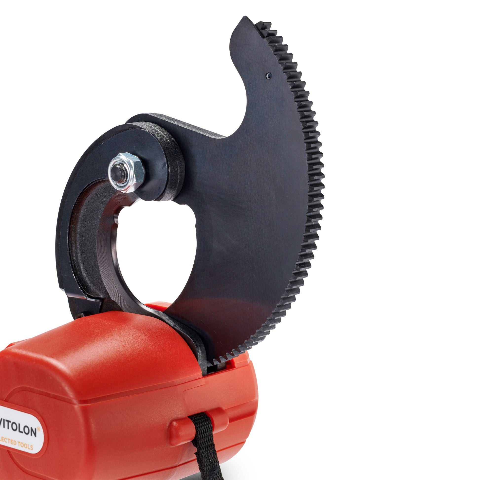 Detail of the Vitolon VB55G-AS-G battery-powered mechanical cutter with 18V Makita battery.