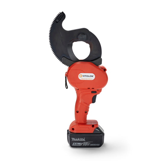 Front view of the Vitolon VB55G-AS-G battery-powered mechanical cutter with 18V Makita battery.