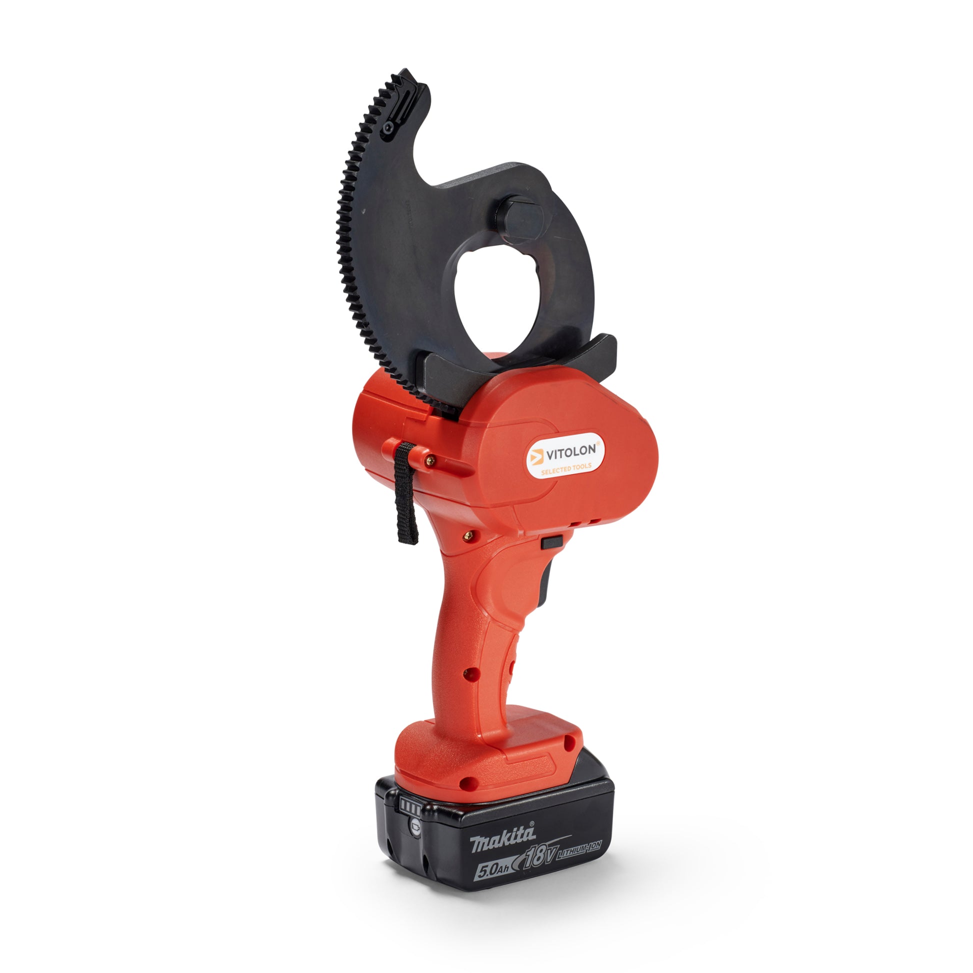 Side view of the Vitolon VB55G-AS-G battery-powered mechanical cutter with 18V Makita battery.
