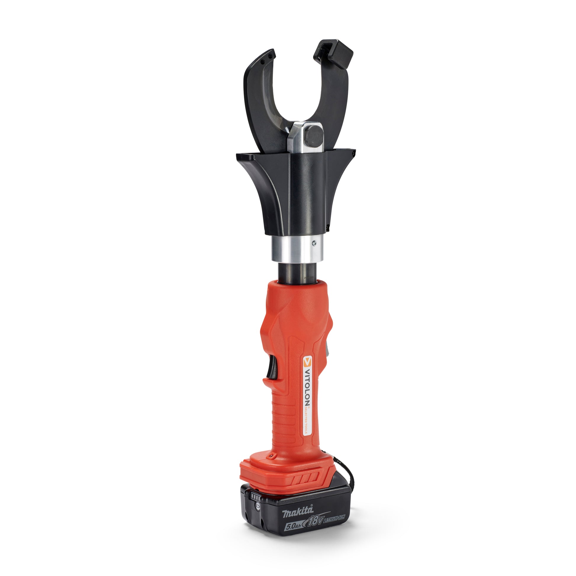 Side view of the Vitolon VVB65O-AS-S battery-powered hydraulic cutter with 18V Makita battery.