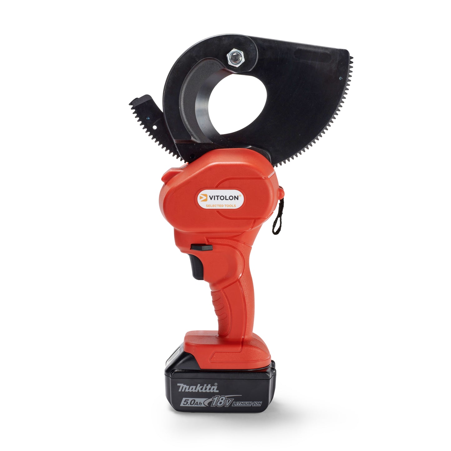 Front view of the Vitolon VB67G-AS-G battery-powered mechanical cutter with 18V Makita battery.