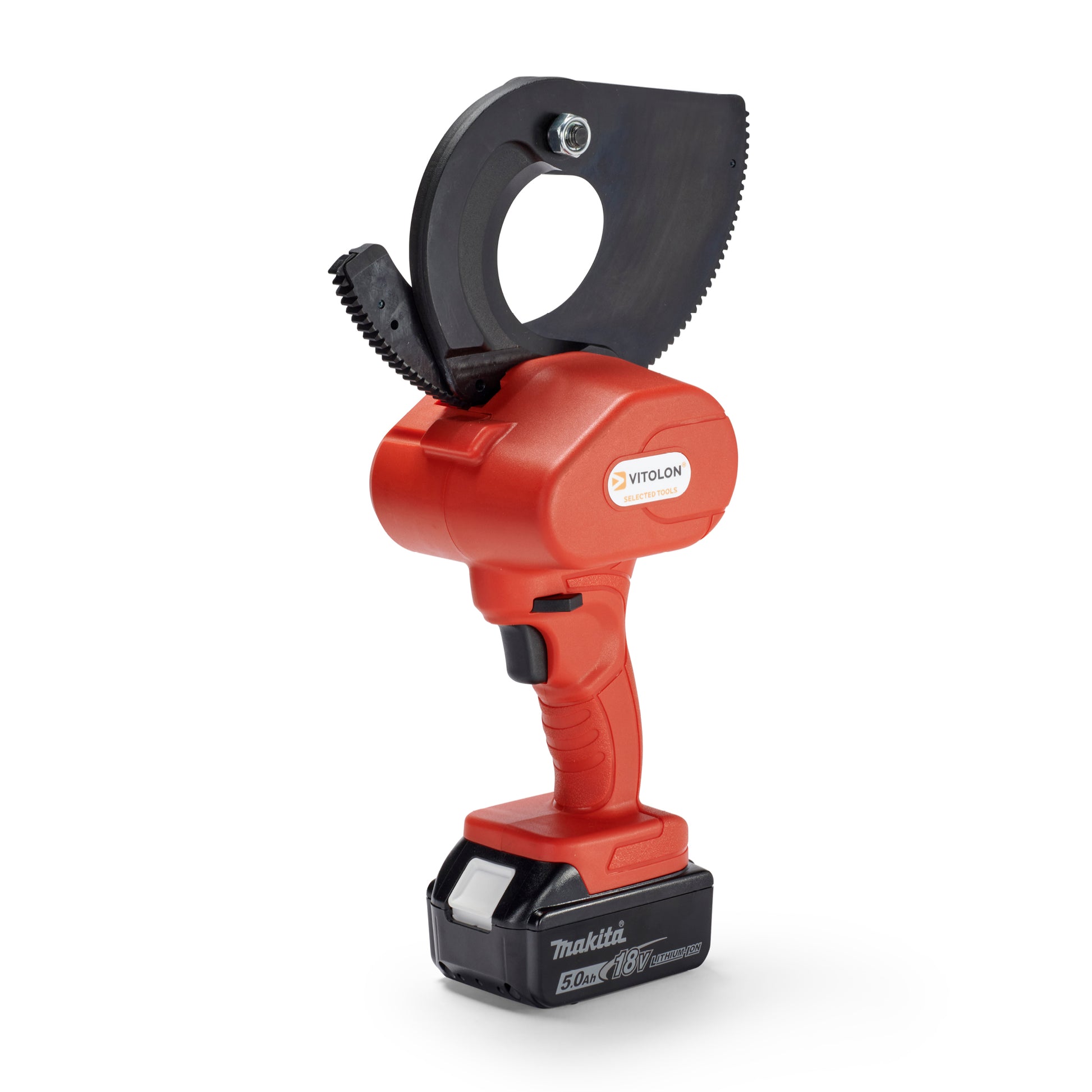 Side view of the Vitolon VB67G-AS-G battery-powered mechanical cutter with 18V Makita battery.