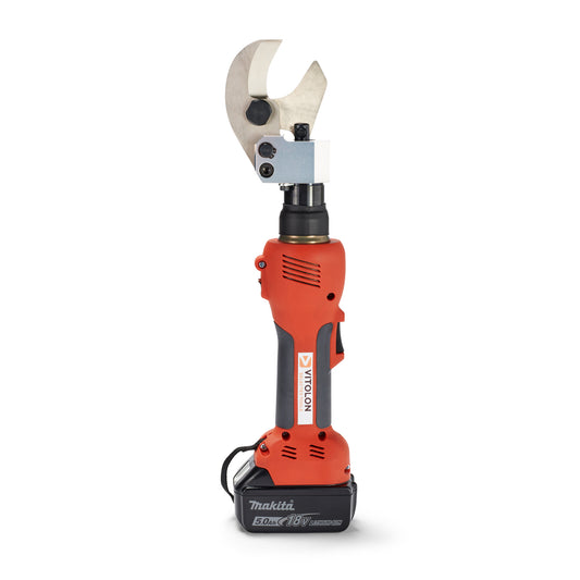 Front view of the Vitolon V32O-AS-S battery-powered hydraulic cutter with 18V Makita battery.