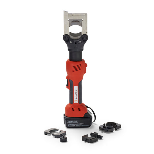 Front view of the Vitolon V4-AM-S battery-powered hydraulic multi-tool with 18V Makita battery.