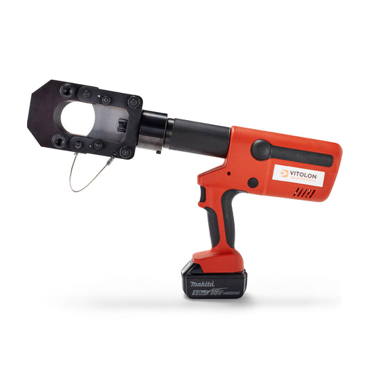 Front view of the Vitolon V55G-AS-P battery-powered hydraulic cutter with 18V Makita battery.