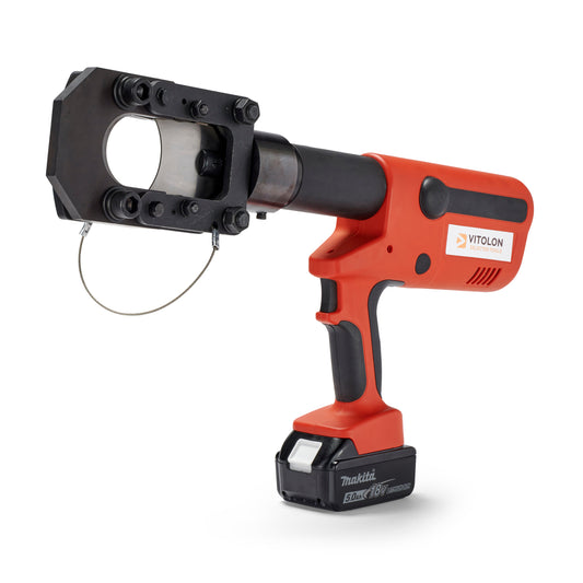 Side view of the Vitolon V55G-AS-P battery-powered hydraulic cutter with 18V Makita battery.