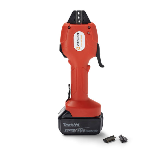 Front view of the Vitolon VB15O-AM-G battery-powered mechanical multi-tool with 18V Makita battery.