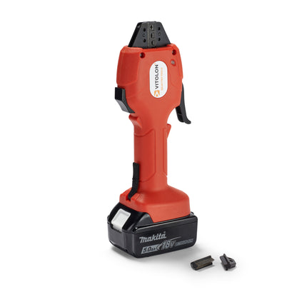 Side view of the Vitolon VB15O-AM-G battery-powered mechanical multi-tool with 18V Makita battery.