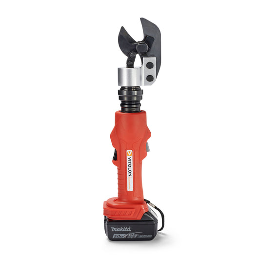 Front view of the Vitolon VB20O-AS-S battery-powered hydraulic cutter with 18V Makita battery.