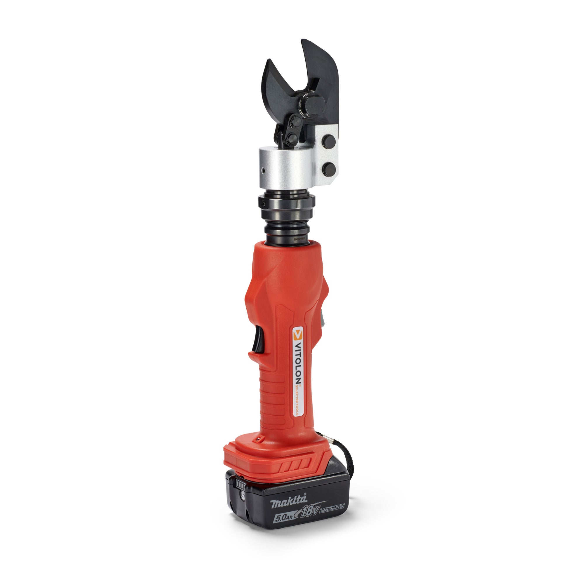 Side view of the Vitolon VB20O-AS-S battery-powered hydraulic cutter with 18V Makita battery.