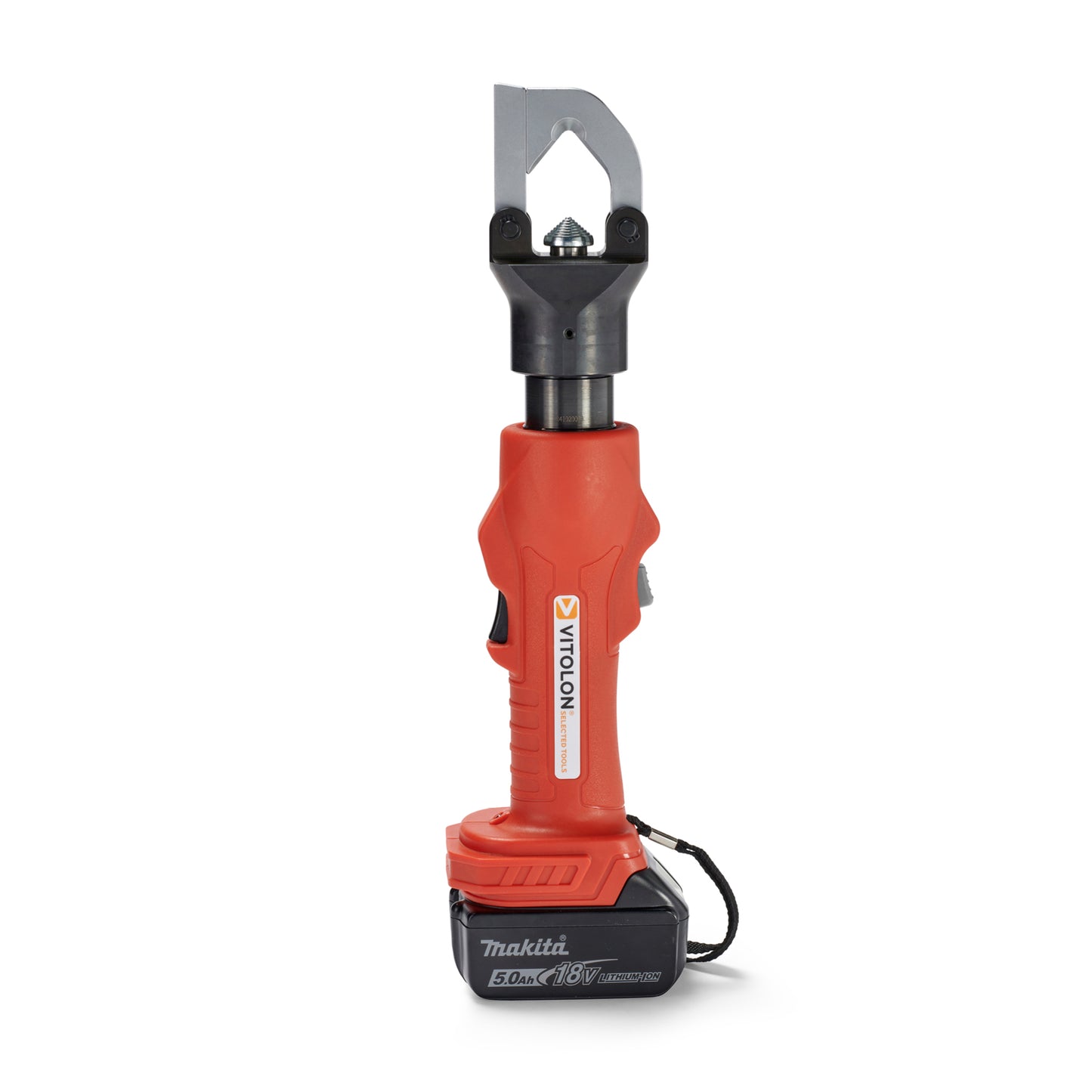 Front view of the Vitolon VB240G-AP-S battery-powered hydraulic crimper with 18V Makita battery.
