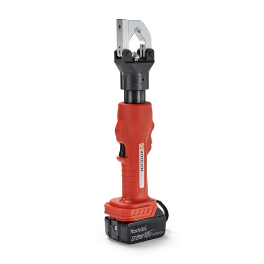 Side view of the Vitolon VB240G-AP-S battery-powered hydraulic crimper with 18V Makita battery.