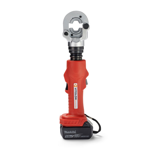Front view of the Vitolon VB300G-AP-S battery-powered hydraulic crimper with 18V Makita battery.