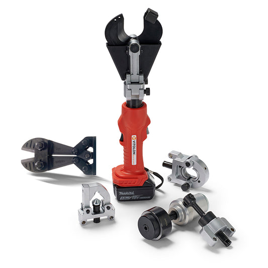 Vitolon VB4-AM-S battery-powered hydraulic multi-tool with 18V Makita battery and cutting head attached.
