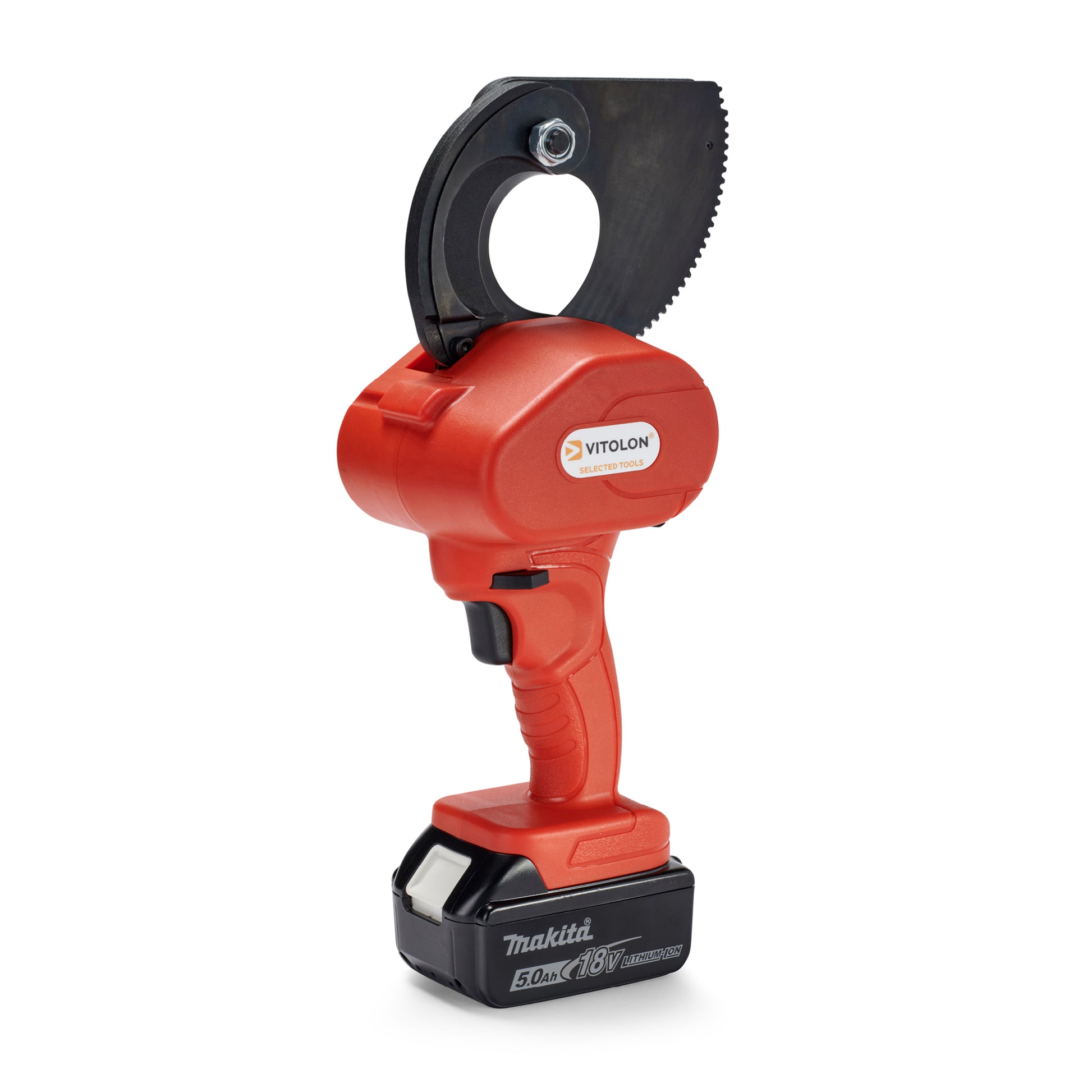 Side view of the Vitolon VB54G-AS-G battery-powered mechanical cutter with 18V Makita battery.