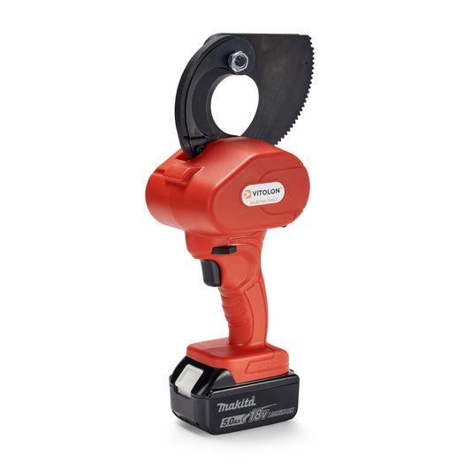Side view of the Vitolon VB54G-AS-G battery-powered mechanical cutter with 18V Makita battery.