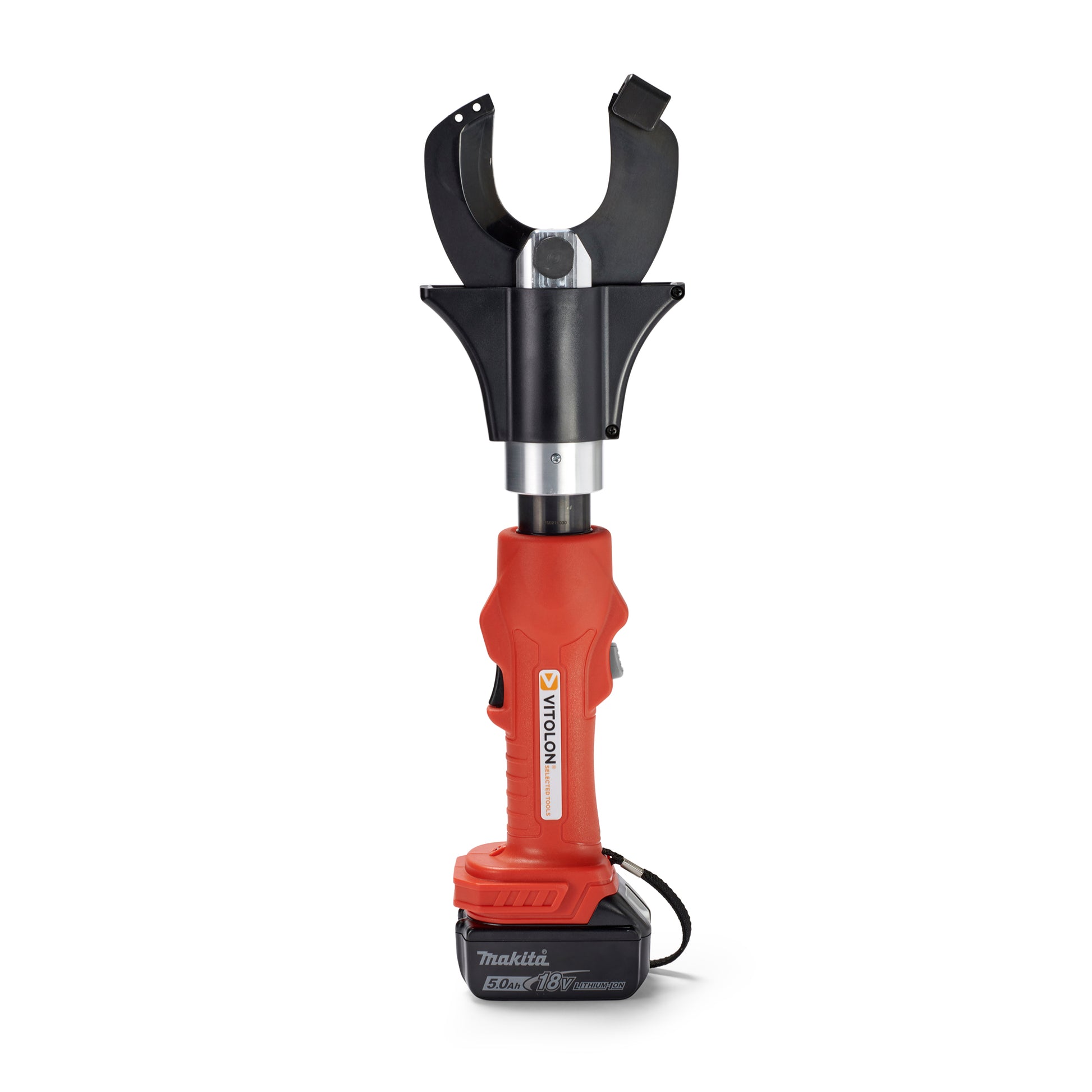 Front view of the Vitolon VVB65O-AS-S battery-powered hydraulic cutter with 18V Makita battery.