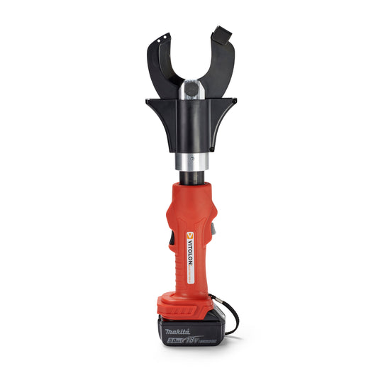 Front view of the Vitolon VVB65O-AS-S battery-powered hydraulic cutter with 18V Makita battery.