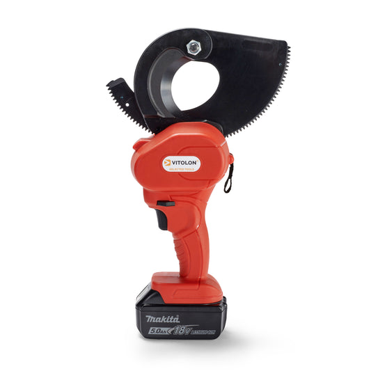 Front view of the Vitolon VB67G-AS-G battery-powered mechanical cutter with 18V Makita battery.